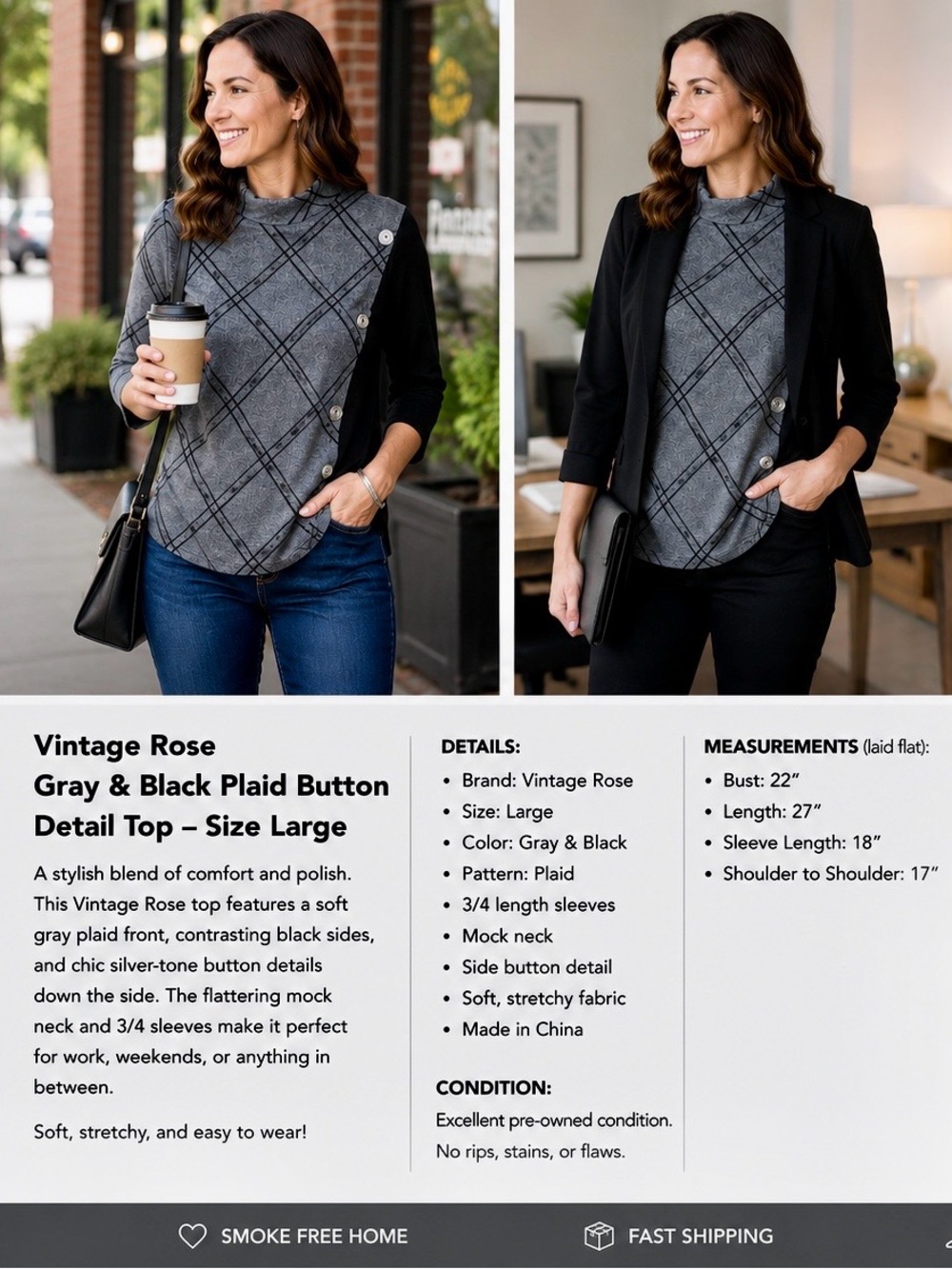 Vintage Rose Gray & Black Plaid Mock Neck Top Button Detail Size Large